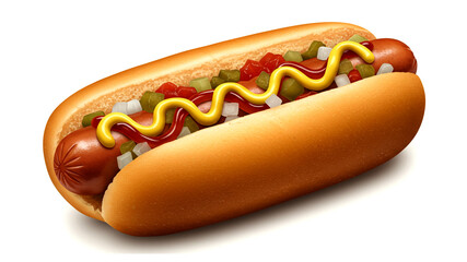 Classic Hot Dog with Mustard, Ketchup, Relish, and Onions | Delicious Fast Food Hotdog in a Soft Bun | Tasty Grilled Sausage with Toppings | Juicy Hot Dog Street Food | American Hotdog with Condiments