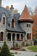 Fototapeta premium Beautiful stone mansion with a turret surrounded by autumn foliage showcasing vibrant colors in a serene outdoor setting