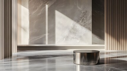 127. A contemporary podium with sharp edges and a reflective finish, standing in an elegant, minimalist room with plenty of space for product placement
