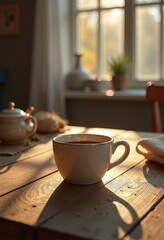 empty coffee cup vintage tabletop rustic home decor awaits warm beverage aesthetic natural light, mug, ceramic, wood, modern, classical, still, life