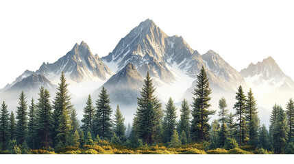 A majestic mountain range with lush pine trees isolated on white background. Suitable for marketing or business purposes. PNG file