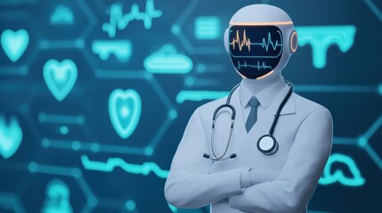 A futuristic medical professional with a digital interface for a face, surrounded by health-related graphics.