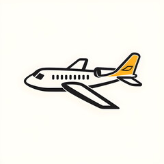Fototapeta premium A minimalist black and white logo of an airplane with streamlined wings, a bright yellow emblem on the tail, and clean, curved lines. The design is simple, elegant, and features subtle pastel shading 