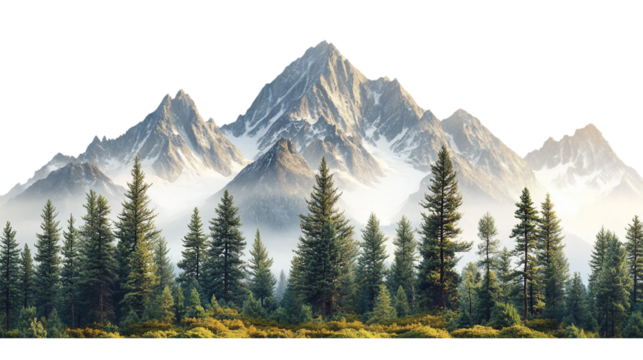A majestic mountain range with lush pine trees isolated on white background. Suitable for marketing or business purposes. PNG file