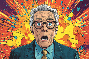 Comic book style older man with glasses, shocked expression, dramatic explosion background, retro pop art