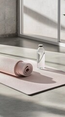 Light pink yoga mat partially rolled out beside a water bottle in a brightly lit room