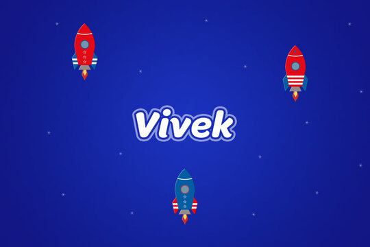 Vivek male boy name illustration in blue with rockets.