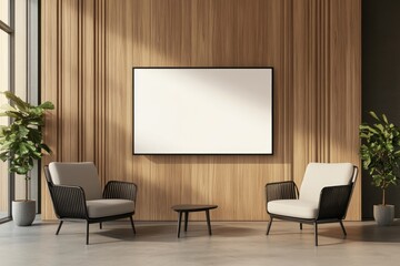 Modern, minimalist waiting area with wooden wall and comfortable seating.  A blank canvas hangs on the wall