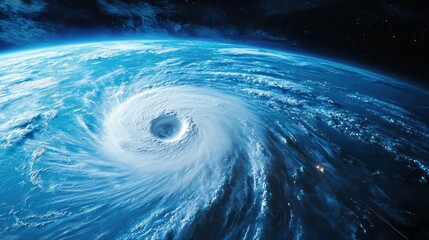 A dramatic view of a swirling hurricane over Earth, showcasing powerful winds and atmospheric dynamics in a stunning blue and white color palette.