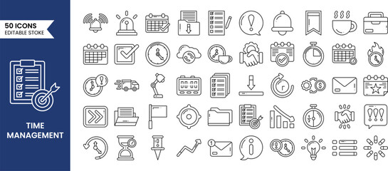 Time management icons set in line style. Containing schedule, to-do list, task, manage time, planner, calendar, reminder, timer, set priorities and more. Vector illustration