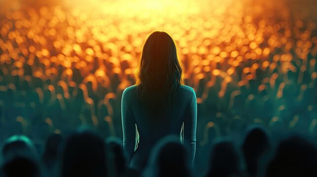 A woman standing confidently in front of a large crowd, symbolizing empowerment, leadership, and public speaking, ideal for motivational, event, or corporate-related visual themes.