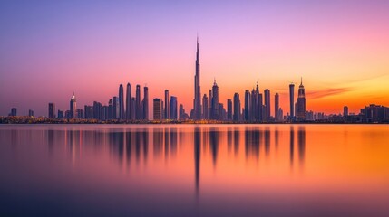 Fototapeta premium City skyline reflected in serene water during a colorful sunset