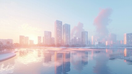 A serene cityscape at sunrise, featuring modern skyscrapers reflecting on calm waters with pastel hues and soft clouds in the sky.