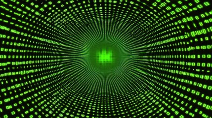 A green binary code data tunnel with zeros and ones on a black background.