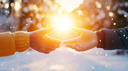 Two outstretched hands reach toward bright sunlight in winter