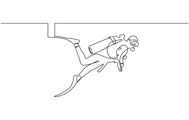 Continuous single one drawn scuba diver line underwater in the sea, Single continuous line drawing young sportive man do scuba diving into the deep sea ocean to explore sea life world.