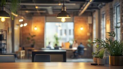 Blurred modern coworking space with professionals collaborating in the background