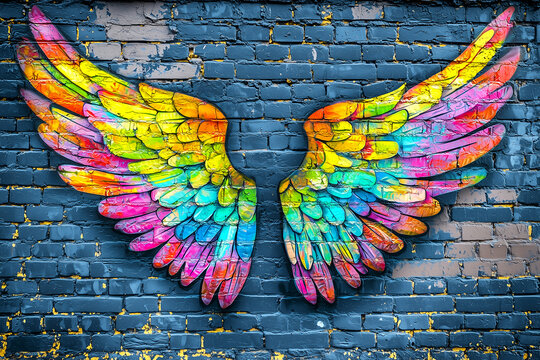 Fototapeta Textured rainbow wings graffiti on rough brick wall with vibrant paint details and urban artistic feel