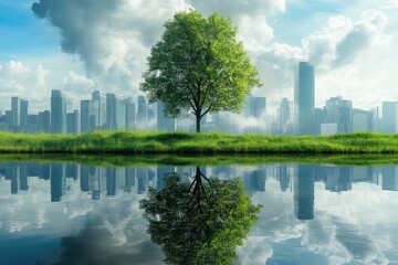 A solitary tree stands by a tranquil lake reflecting a modern city skyline under a cloudy sky