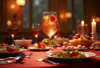 Obraz premium floating beverage glass mid air above elegant dining table surrounded culinary delights, food, drink, cocktail, liquid, restaurant, presentation, plate