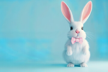 Fototapeta premium Front view of adorable white bunny with pink ears on blue background