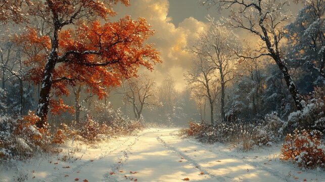 Snowy autumn forest path, sunlit, winter scene, nature background, peaceful landscape - Powered by Adobe