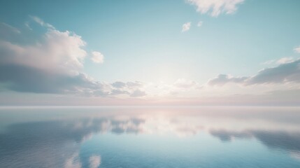 Obraz premium Serene seascape at sunrise with reflections on calm water.
