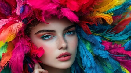 Fototapeta premium Beautiful young woman posing with colorful feathers and creative makeup