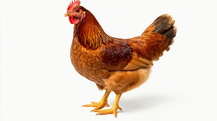 Fototapeta premium Majestic Brown Chicken Roaming Freely on Clean White Background