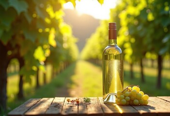 Fototapeta premium chilled bottle white wine surrounded lush vineyard background grapes nature atmosphere chill experience outdoor relaxation, glass, garden, sunset, landscape