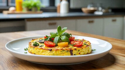 Elegantly arranged frittata with bright vegetables in a modern kitchen setting