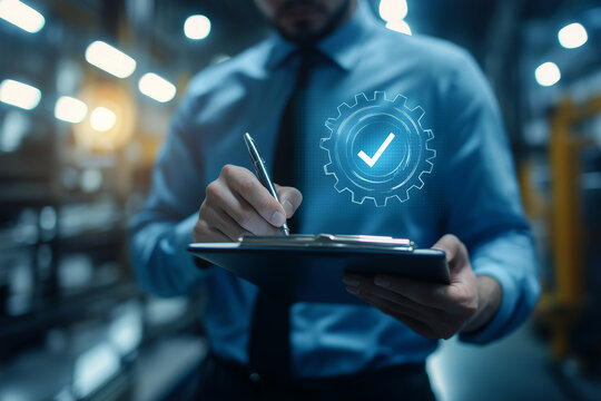 Business professional reviewing checklist for quality assurance with digital gear and checkmark icon in factory
