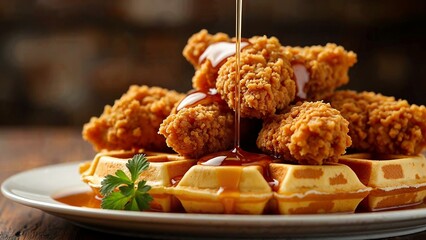 Close-up of mouthwatering chicken and waffles with syrup drizzle