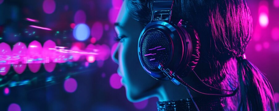 Dj listening music with headphones in nightclub with futuristic pink lights