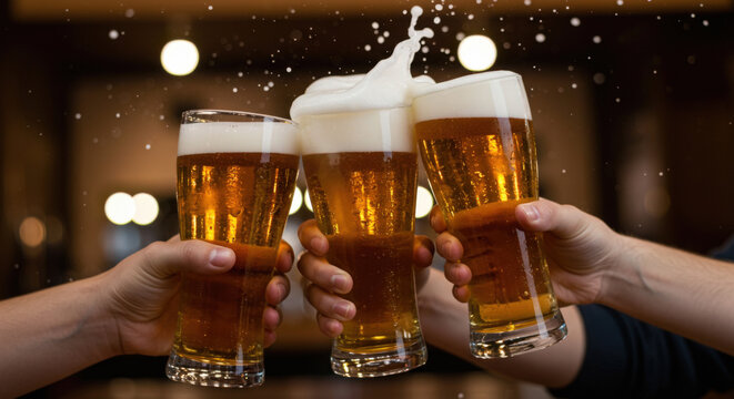 Hands clinking glasses of lager beer with foam  splash overflowing, cheerfully celebrating in pub, bar. Perfect for Oktoberfest, St. Patrick's Day, festive parties, beer promo. Copy space