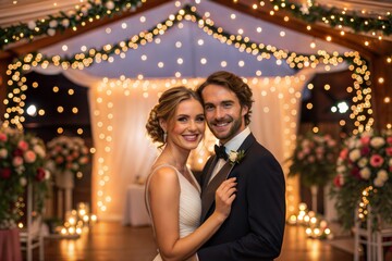 A couple dancing joyfully at their wedding reception, celebrating love and commitment. (Marriage)