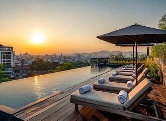 In the photo, there is an outdoor swimming pool with a wooden deck and sun loungers. There's also a large umbrella at one end of the deck. The background features buildings in Chiang Mai city under.