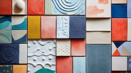 Colorful ceramic tile samples wall display, design inspiration