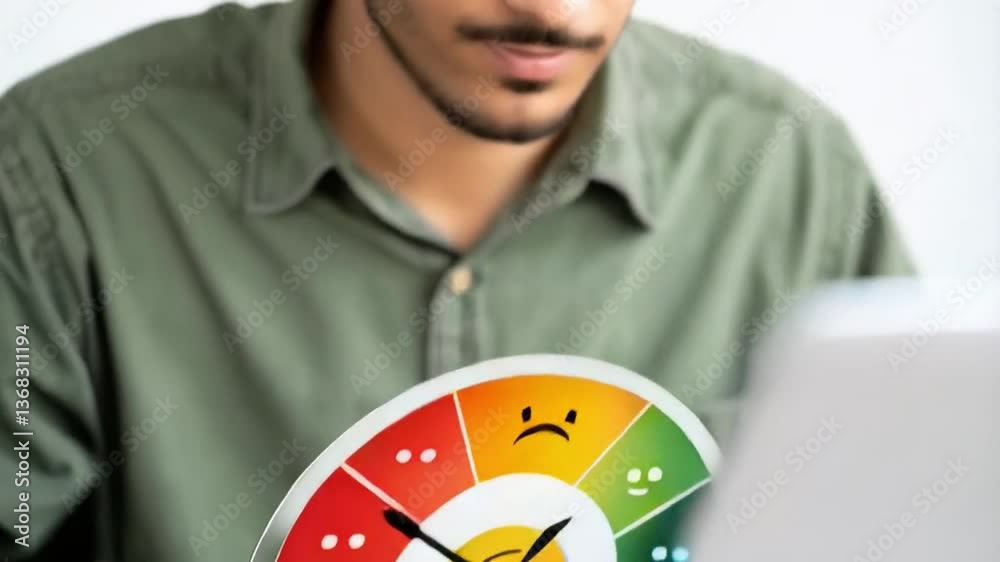 Aufkleber person using a laptop and holding a smartphone with a rating scale graphic overlayed on it