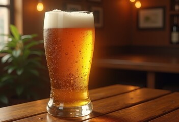 frosted beer glass bubbles wood background refreshing beverage chill, foam, texture, ale, caramel, crisp, amber, lager, pilsner, drink, brew, contrast