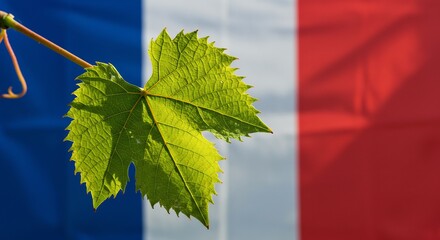 Obraz premium Vibrant green vine leaf basks in sunlight against French flag. AI Generated