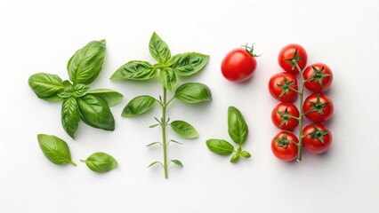 Fresh basil leaves and cherry tomatoes arranged on a white background, representing healthy cooking ingredients and natural food photography