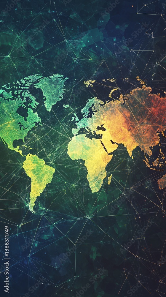 Poster World map showing interconnected global network and data flow