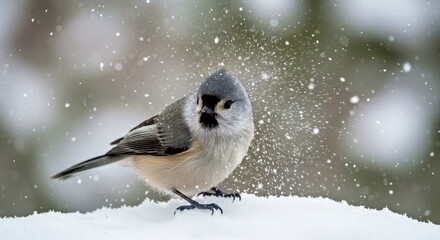 Obraz premium A boreal chickadee shaking off snow from its feathers-