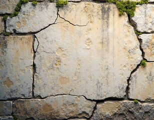 Fototapeta premium Weathered stone wall with cracks and green moss