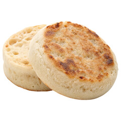 Two toasted English muffins, showcasing a golden-brown crust and a soft, airy texture, ideal for breakfast or snacks.