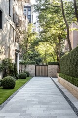 Fototapeta premium Quiet pathway leading to a wooden gate in a serene urban garden surrounded by lush greenery and modern architecture on a sunny day