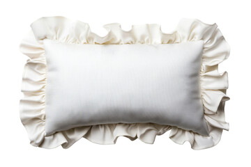 Soft white pillow with frills isolated on black, cut out transparent