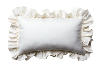 Soft white pillow with frills isolated on black, cut out transparent