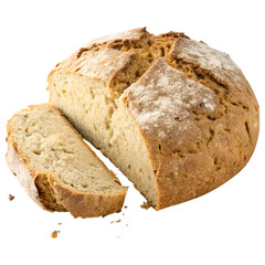 Freshly baked round loaf of rustic bread with a slice cut, showcasing the texture against a black background.